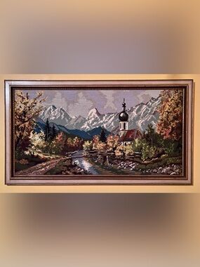Vintage Framed Alpine Landscape Needlepoint, 19”x34”